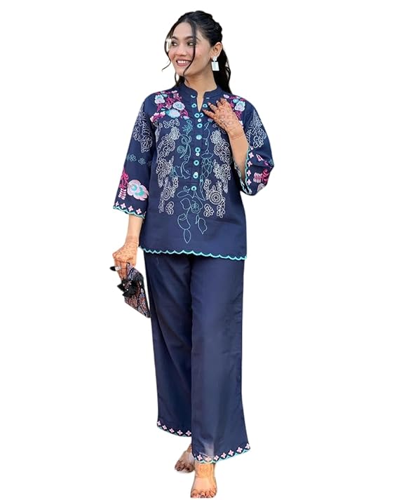 Valvet Valley Women's Cotton Embroidery Straight Kurti with Pant Set